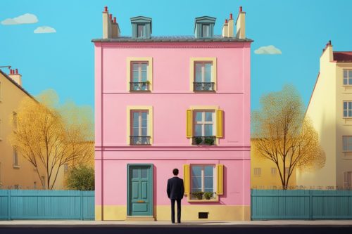Un individu en costume sombre se tient devant un immeuble rose de quatre étages aux fenêtres et à la porte d'entrée bleu turquoise contrastant. La scène est posée sur un fond de ciel bleu clair, avec des arbres d'un jaune doré ajoutant une touche automnale au paysage urbain paisible parisien